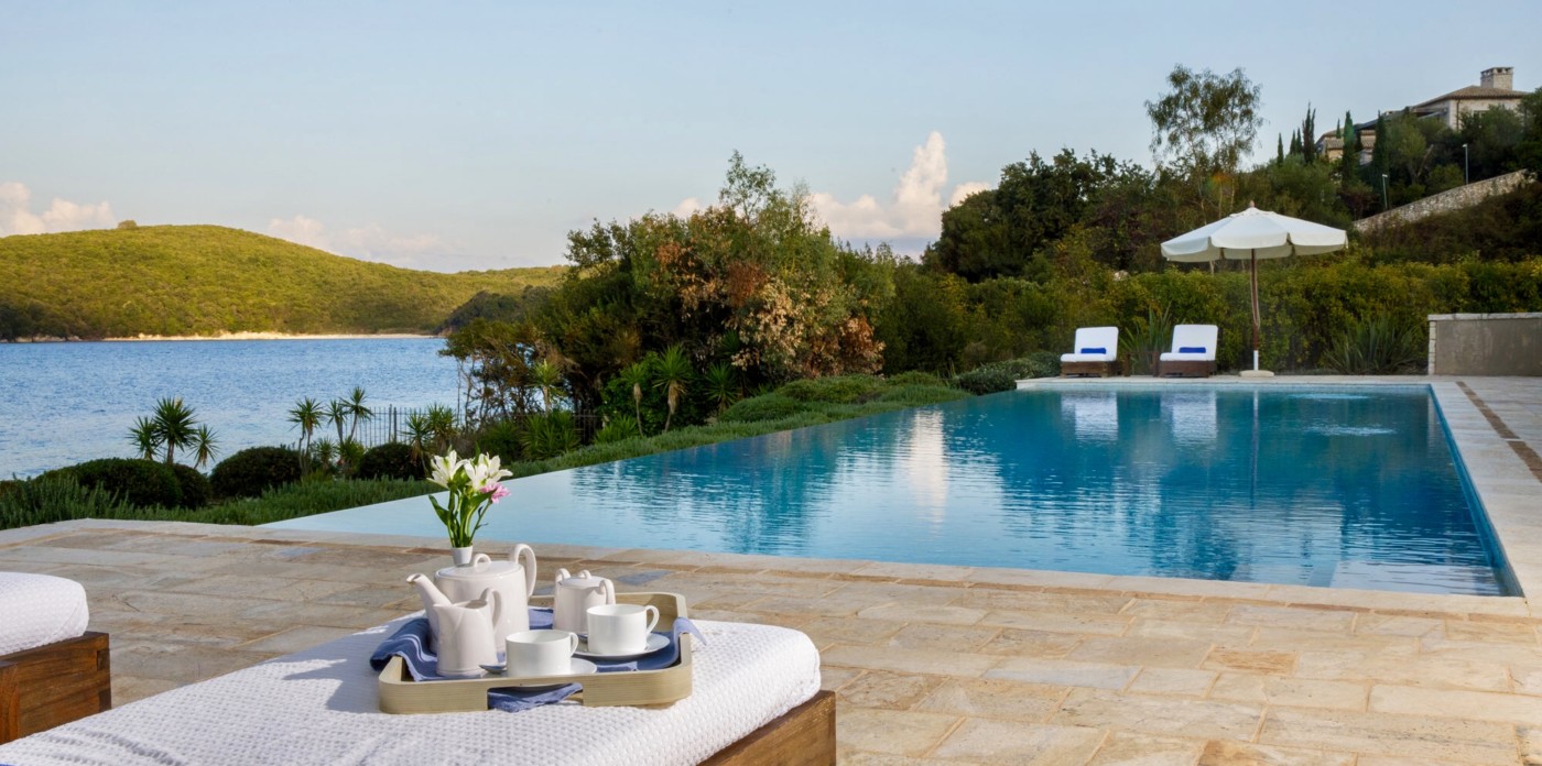 Take tea by the pool, property for sale in Corfu, Greece