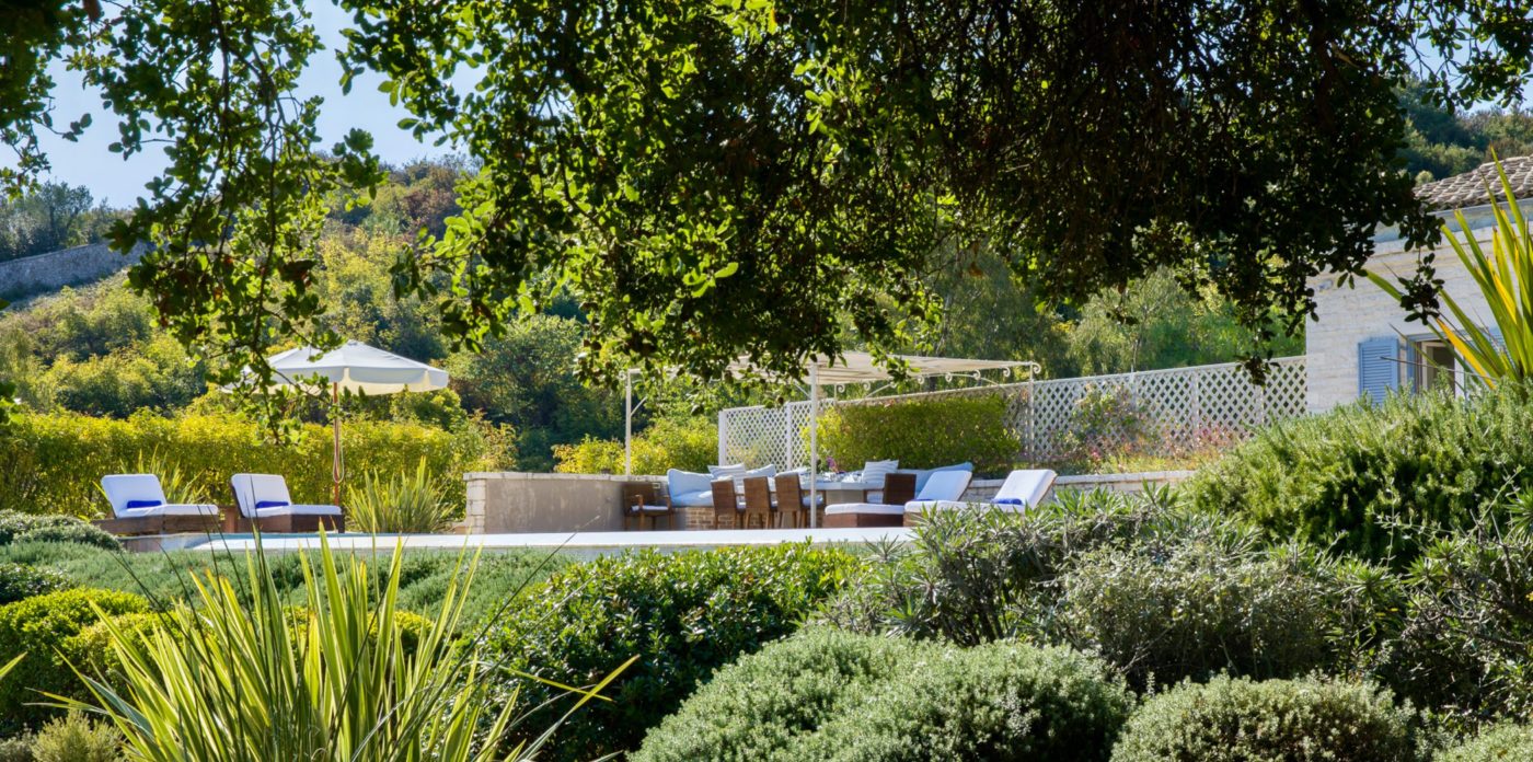 Lush green gardens, property for sale in Corfu, Greece