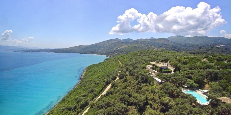 Linamia Estate aerial overlooking Corfu channel with distant views  of the Albanian mountains