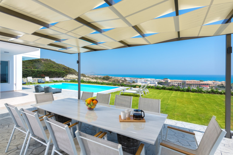 Dine alfresco day or night with beautiful sea views villa for sale in Rhodes Greece