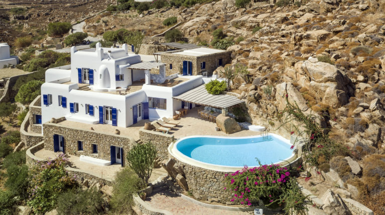 Great ariel view of villa and land property for sale in Mykonos Greece