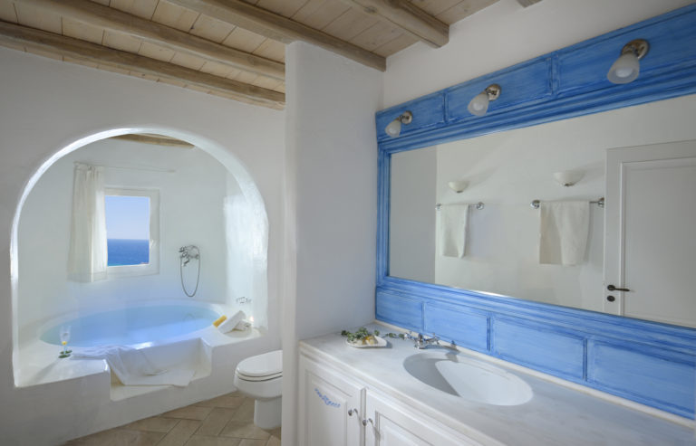 Powder blue and white bathroom villa for sale in Mykonos Greece