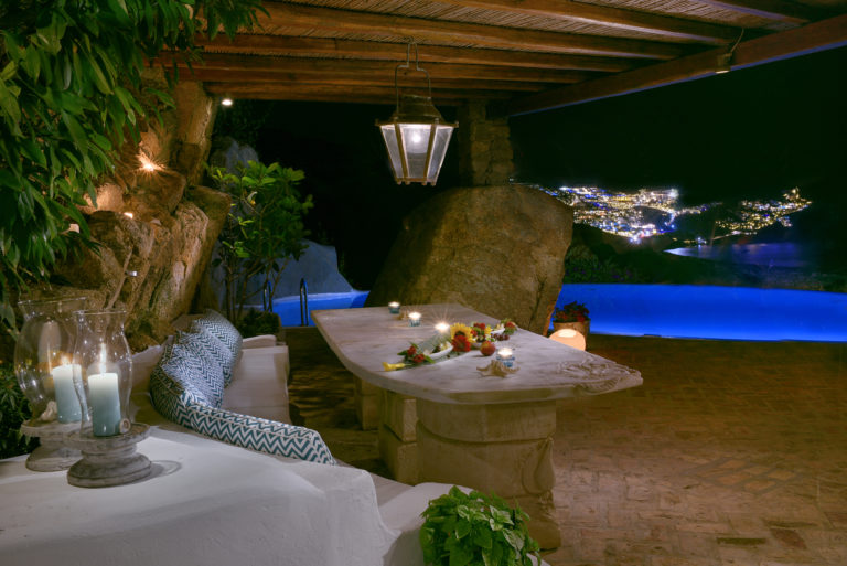 Relax in the evening watching the lights over the town villa for sale in Mykonos Greece
