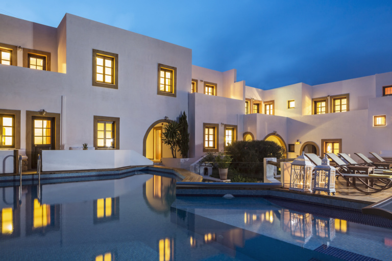 The pool is located on the middle level property for sale in Patmos greece
