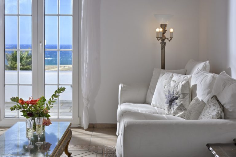 Complimentary, white furniture and soft furnishings villa for sale in Mykonos Greece