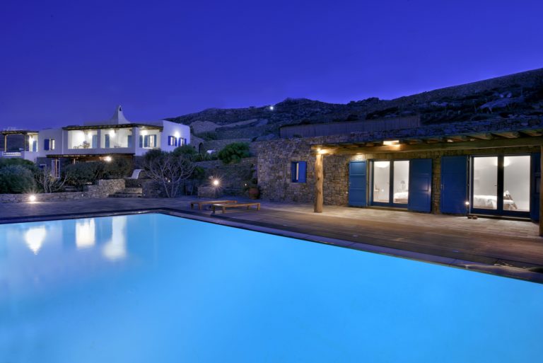 Beautiful villa light at night property for sale in Mykonos Greece