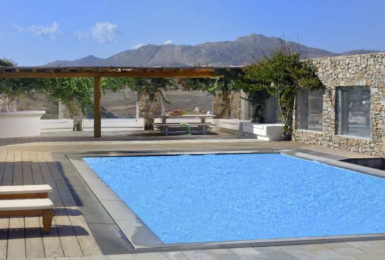 Pool and covered pergola villa for sale in Mykonos Greece
