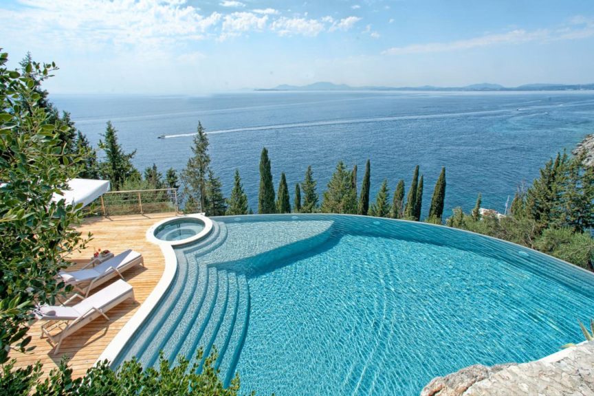 Anassa villa, Corfu: View from the infinity pool to sea in the summer light 