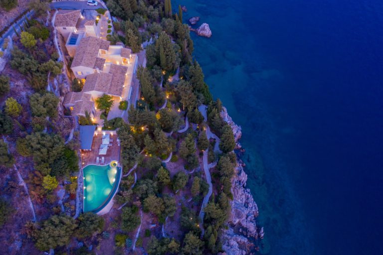 Night aerial view of Anassa, property for sale in Corfu, Greece