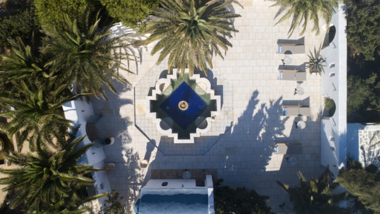 Ariel view of courtyard property for sale in Paros Greec