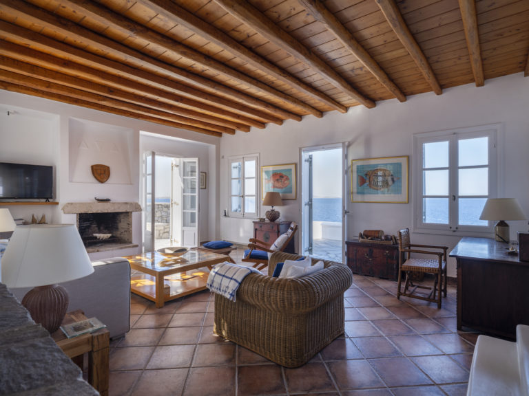 Wood beams and warm flooring property for sale in Mykonos Greece