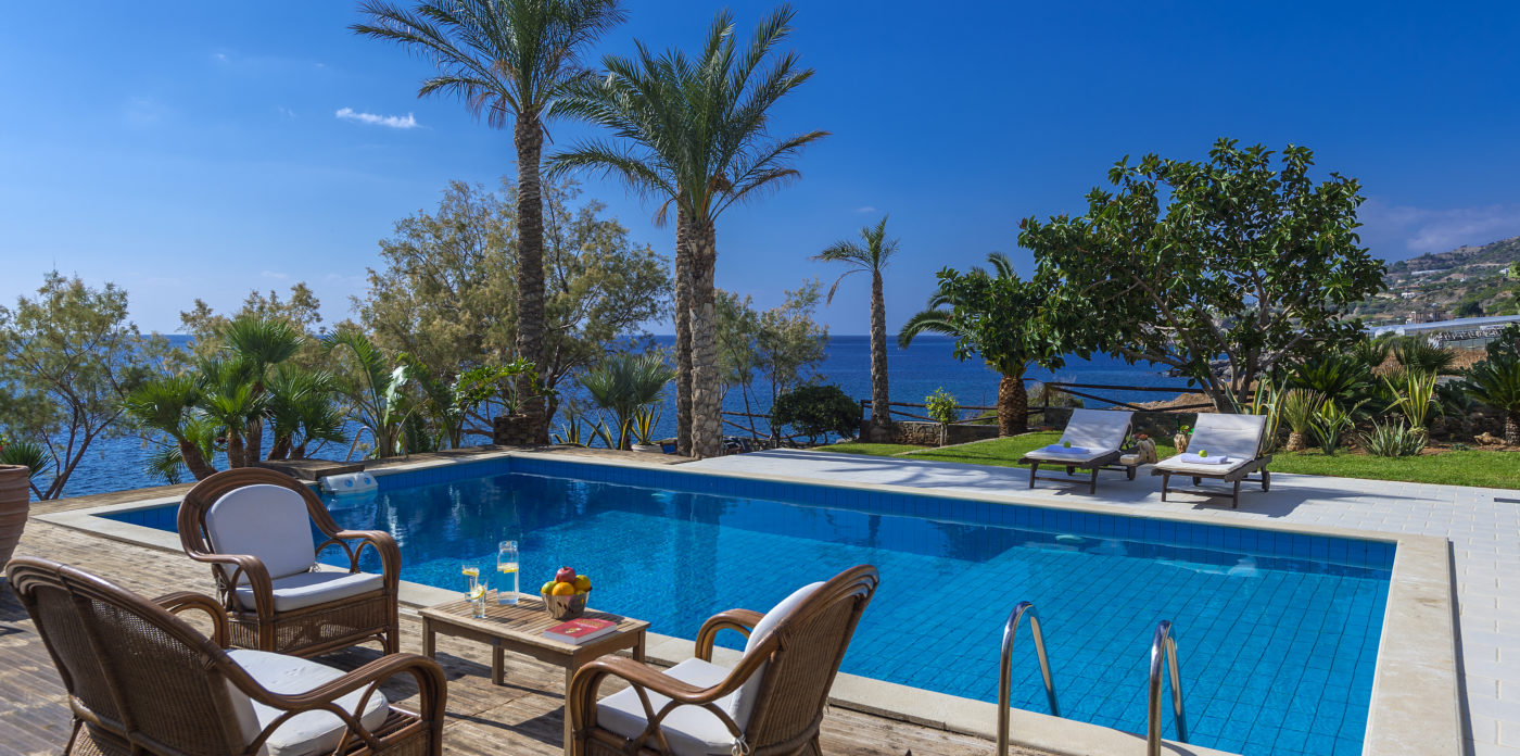The pool and palm trees villa for sale in crete Greece