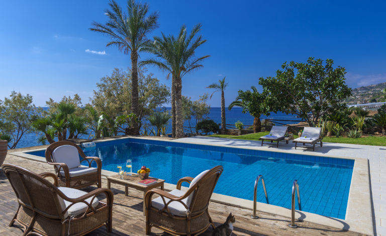 The pool and palm trees villa for sale in crete Greece