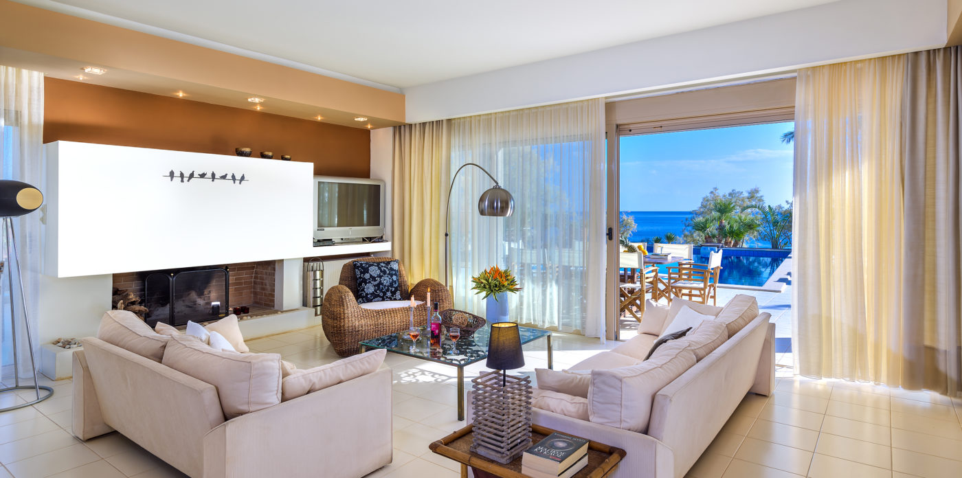 Living room with sea views property for sale in Crete Greece