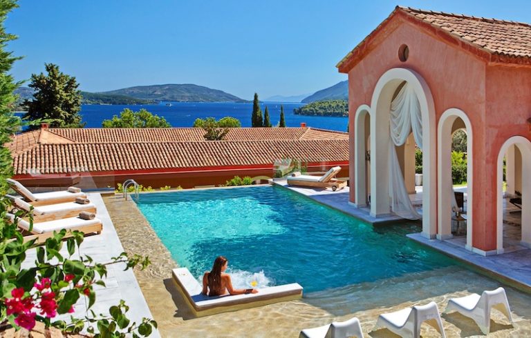 The Venetian Lefkada: Views from the swimming pool with girl on the jacuzzi, in Lefkada with distant view to Skorpios island.