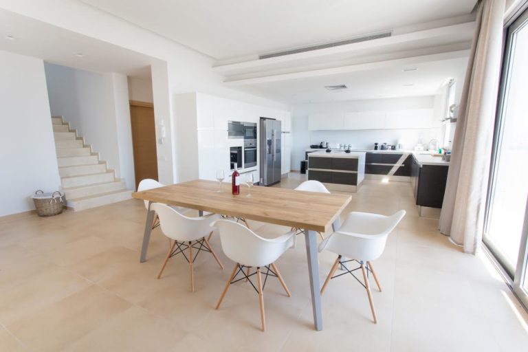 Modern style dining and kitchen area villa for sale in Rhodes Greece