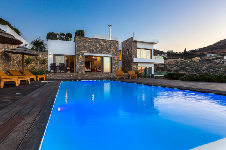 Exterior with stone facade feature villa for sale in Crete Greece