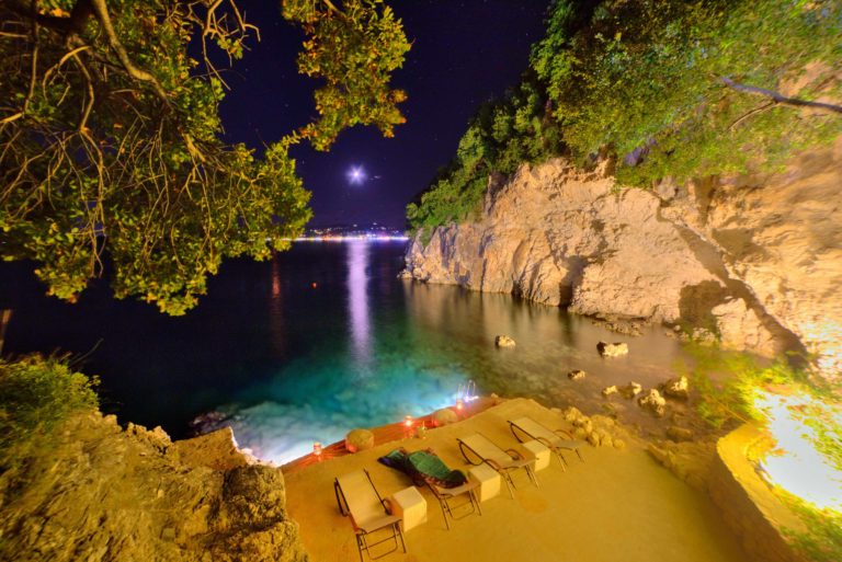 Private Beach at night, Villa for sale in Corfu Greece