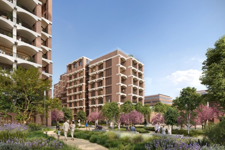The nine-storey FIX Residences building seen across the landscaped gardens of FIX Thessaloniki