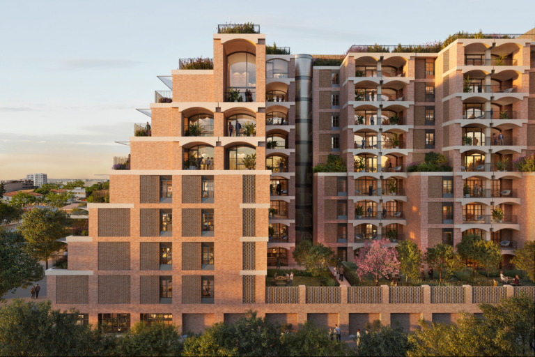 Brick facade of FIX Residences with stacked balconies and planted roof terraces, designed by Foster + Partners