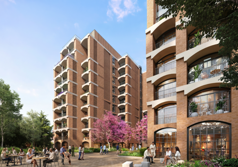 Street-level view of FIX Residences with curved balconies, a blossoming tree and cafe seating on the public square
