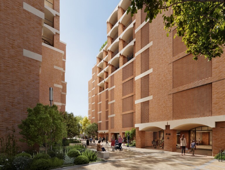 FIX Residences seen from the gardens, with ground-floor retail and outdoor seating
