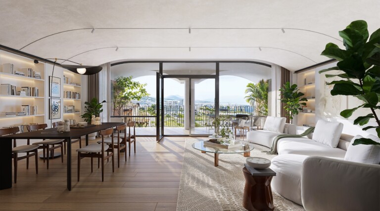 Open-plan living and dining area at FIX Residences with vaulted ceiling and arched glazing to the balcony